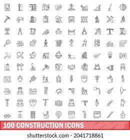 100 construction icons set. Outline illustration of 100 construction icons vector set isolated on white background