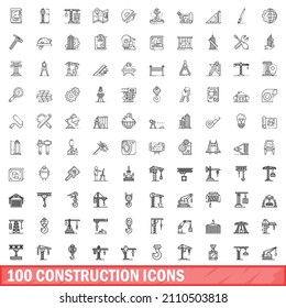 100 construction icons set. Outline illustration of 100 construction icons vector set isolated on white background