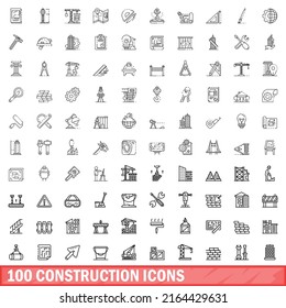 100 construction icons set. Outline illustration of 100 construction icons vector set isolated on white background