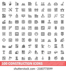 100 construction icons set. Outline illustration of 100 construction icons vector set isolated on white background