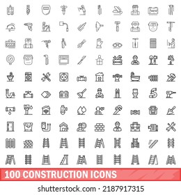100 iconos de construcción. Ilustración de esquema de 100 iconos de construcción conjunto de vectores aislado en fondo blanco