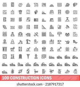 100 iconos de construcción. Ilustración de esquema de 100 iconos de construcción conjunto de vectores aislado en fondo blanco
