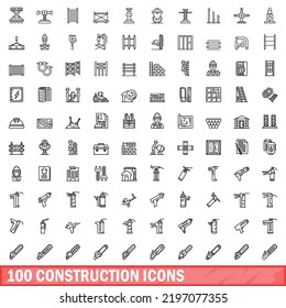 100 construction icons set. Outline illustration of 100 construction icons vector set isolated on white background