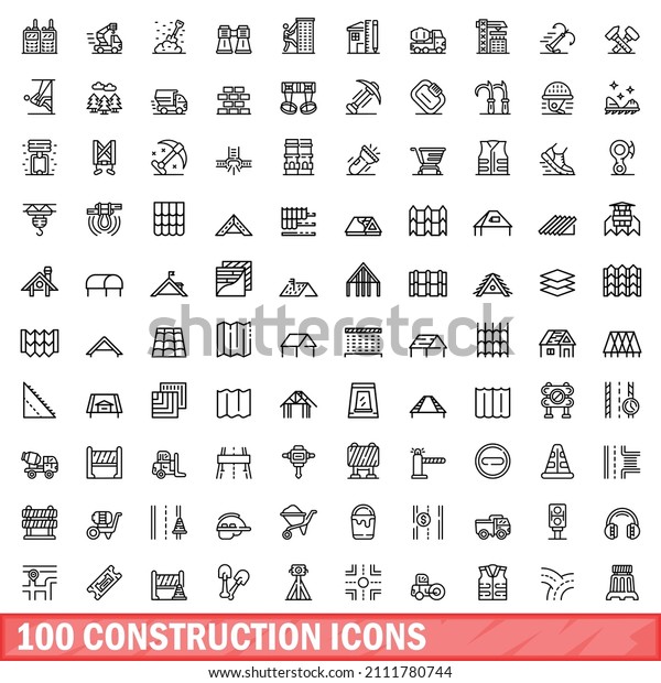 100\
construction icons set. Outline illustration of 100 construction\
icons vector set isolated on white\
background