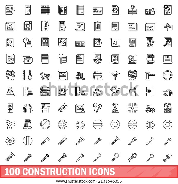 100\
construction icons set. Outline illustration of 100 construction\
icons vector set isolated on white\
background