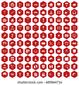 100 construction icons set in red hexagon isolated vector illustration