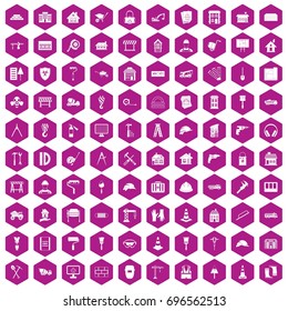 100 construction icons set in violet hexagon isolated vector illustration