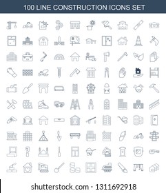 100 construction icons. Trendy construction icons white background. Included line icons such as house, cargo crane, saw, window, brick wall. construction icon for web and mobile.