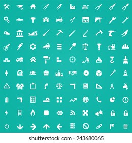 100 construction icons, white on green background 