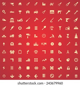 100 construction icons, yellow on red background 