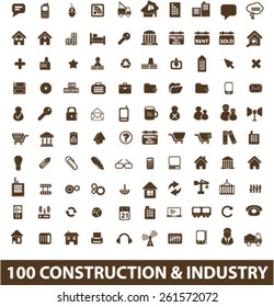 100 construction, industry, factory, development isolated icons, signs, illustrations collection concept design set for web and application on background, vector