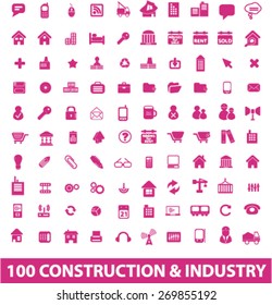 100 construction, industry, factory, engineering isolated icons, signs, symbols, illustrations web design template concept set on white background for website, application