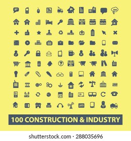 100 construction, industry, factory icons, signs, illustrations set, vector