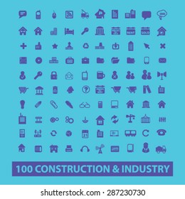 100 construction, industry icons, signs, illustrations set, vector