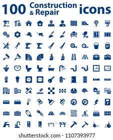 100 Construction and Repair Solid Vector Icon Set