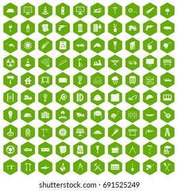 100 construction site icons set in green hexagon isolated vector illustration