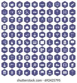 100 construction site icons set in purple hexagon isolated vector illustration