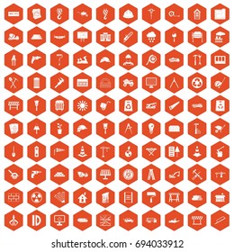 100 construction site icons set in orange hexagon isolated vector illustration
