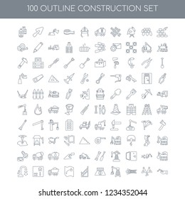 100 construction universal icons set with Constructing a Brick Wall linear, Flags Crossed Derrick Boxes Road Barrier Stairs Handle House Plan Garbage Truck Stopcock linear