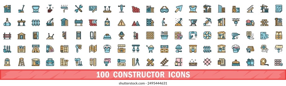 100 constructor icons set. Color line set of constructor vector icons thin line color flat on white