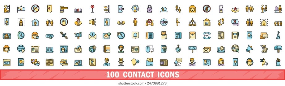 Conjunto de 100 iconos de contacto. Línea de color conjunto de iconos de vector de contacto línea fina color plana en blanco