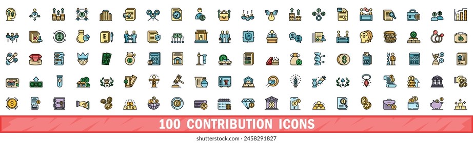 100 contribution icons set. Color line set of contribution vector icons thin line color flat on white