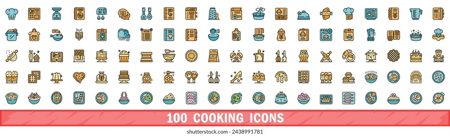 100 iconos de cocina. Conjunto de línea de color de iconos vectoriales de cocina línea fina de color plana en blanco