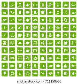 100 cooking icons set in grunge style green color isolated on white background vector illustration