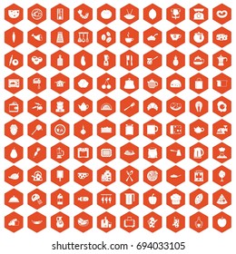 100 cooking icons set in orange hexagon isolated vector illustration