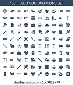 100 cooking icons. Trendy cooking icons white background. Included filled icons such as menu, chili, pan, pie, knife, bowl, pot, gardening knife. cooking icon for web and mobile.