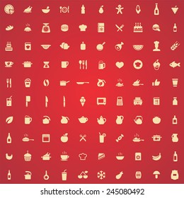 100 cooking icons, yellow on red background 