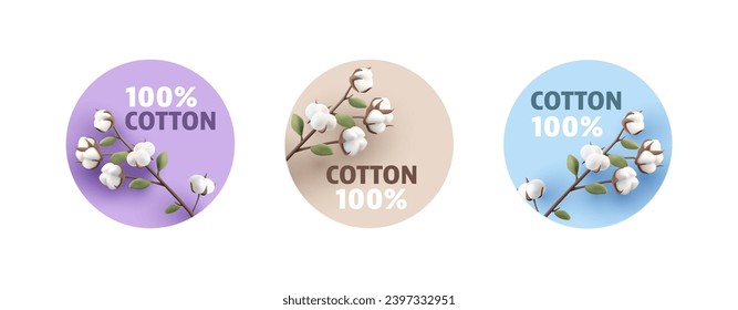 100 cotton emblem package icon set with 3d render illustration of cotton branch with fluffy flowers