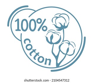 100 cotton flat round stamp. Hundred percents natural material of textile - badge for natural breathable textile marking - isolated label 