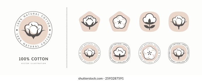 100% cotton icon and round label designs set isolated on white background. 100 percent cotton black sign. Vector illustration