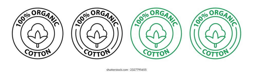 100% cotton icon set. 100% organic cotton fabric vector label logo stamp. 100% natural cotton pictogram.