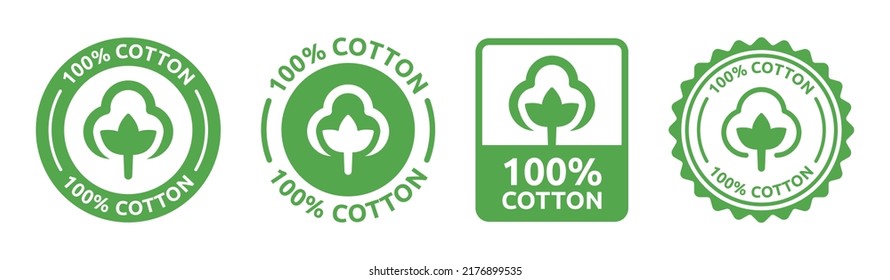 100% cotton label for clothing packaging. Natural textile logo certificate vector icon set illustration.