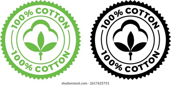 100% Cotton Label Vector – Organic Fabric Sticker with Cotton Flower Icon for Packaging Design