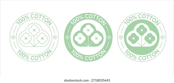 Logotipo 100% algodón, redondo, con ramas estilizadas y flores de algodón en tonos verdes