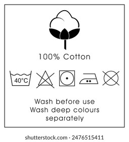 100% cotton sign vector illustration, Cotton 100 percentage label for t-shirt tag, 100% cotton labels for cloth tag, wash and iron symbols isolate,cotton flower logo for natural eco and fabric stamp, 