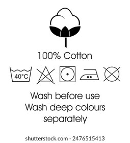 100% cotton sign vector illustration, Cotton 100 percentage label for t-shirt tag, 100% cotton labels for cloth tag, wash and iron symbols isolate,cotton flower logo for natural eco and fabric stamp, 