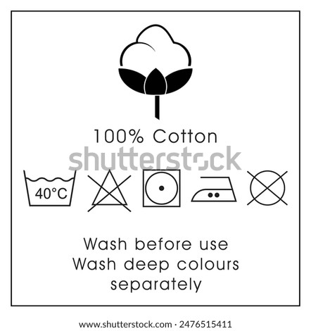 100% cotton sign vector illustration, Cotton 100 percentage label for t-shirt tag, 100% cotton labels for cloth tag, wash and iron symbols isolate,cotton flower logo for natural eco and fabric stamp, 