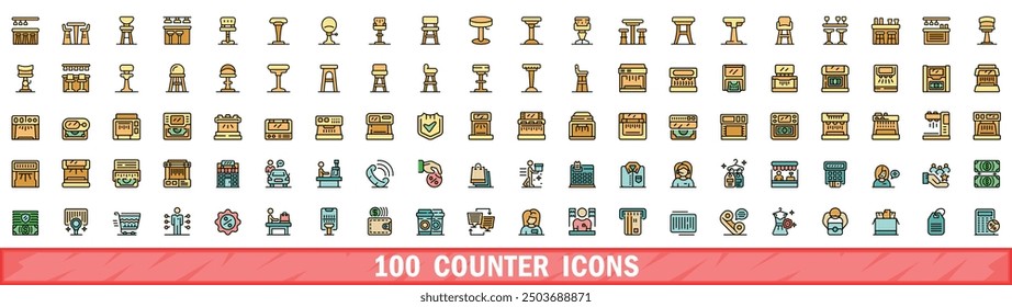 Conjunto de 100 iconos de contador. Conjunto de línea de color de iconos de vector de contador de línea delgada de color plano sobre blanco