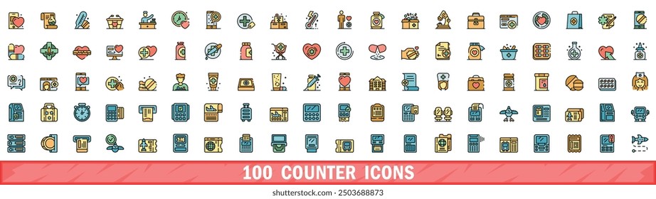 Conjunto de 100 iconos de contador. Conjunto de línea de color de iconos de vector de contador de línea delgada de color plano sobre blanco