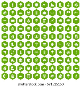 100 country house icons set in green hexagon isolated vector illustration