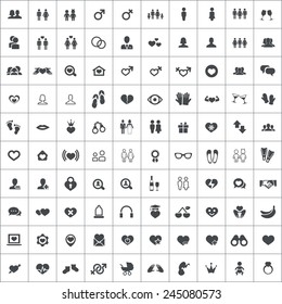 100 couple icons, black on square white background 