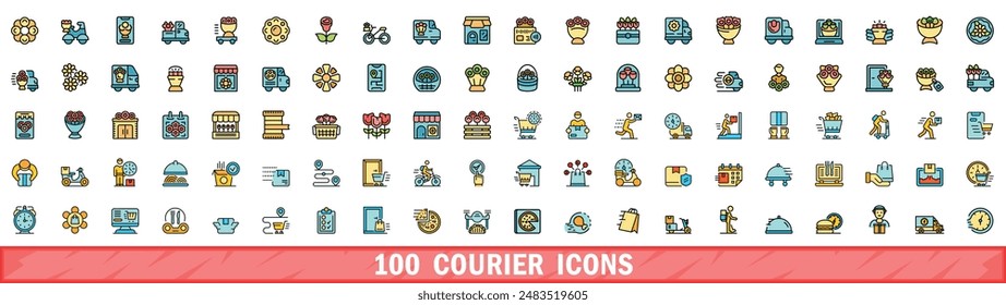 Conjunto de 100 iconos de mensajería. Conjunto de línea de color de iconos vectoriales de mensajería línea delgada color plano en blanco