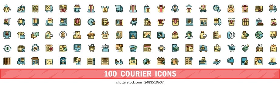 100 courier icons set. Color line set of courier vector icons thin line color flat on white