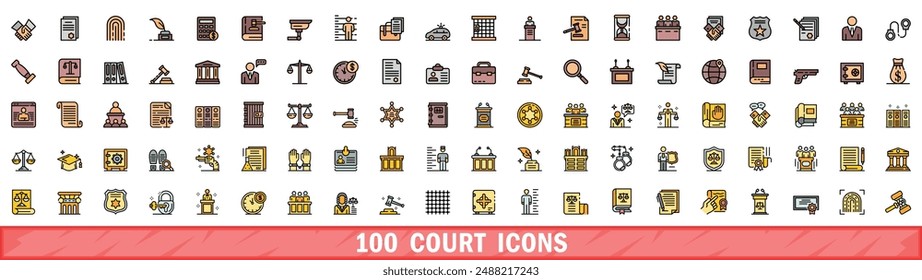 100 court icons set. Color line set of court vector icons thin line color flat on white