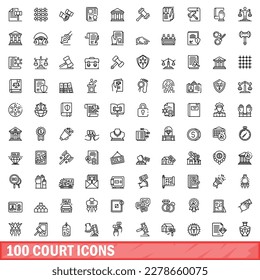 100 court icons set. Outline illustration of 100 court icons vector set isolated on white background