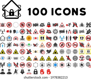 100 covid isolation icons in flat style. 100 covid isolation icons is a vector icon set with quarantine, coronavirus, healthcare protection, treatment, medical safety images. These simple pictograms
